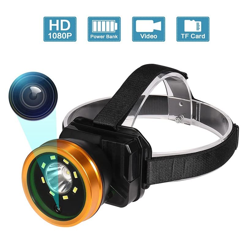 Cámara de Faros, Cámara de Manos Libres 1080P HD Con tarjeta de memoria de 32 G, Cámara Ajustable Montada Recargable con Linterna para Camping, Senderismo, Pesca, Camping