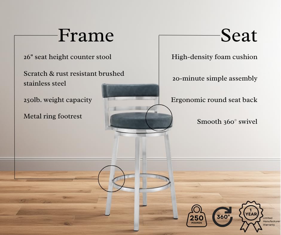 Armen Living Madrid 26" Counter Height Swivel Blue Faux Leather and Brushed Stainless Steel Bar Stool