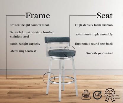 Armen Living Madrid 26" Counter Height Swivel Blue Faux Leather and Brushed Stainless Steel Bar Stool