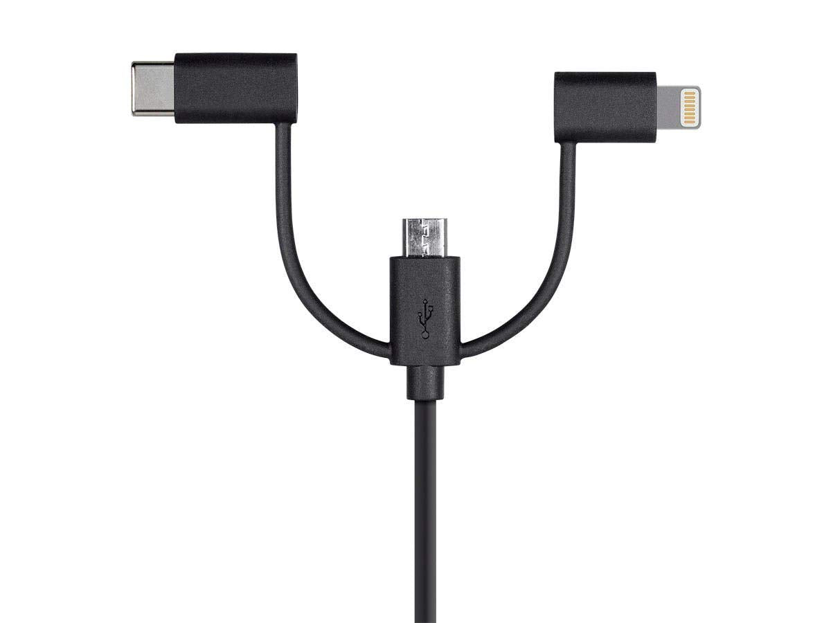 Mono Apple MFi Certified USB to Micro USB + USB Type-C + Lightning Charge And Sync Cable - 3 Feet - Black