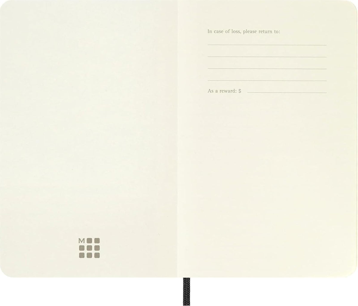 Moleskine Suave tamaño de bolsillo, cuaderno llano: en blanco. Con bolsillo plegable para notas. Cierre de banda elástica