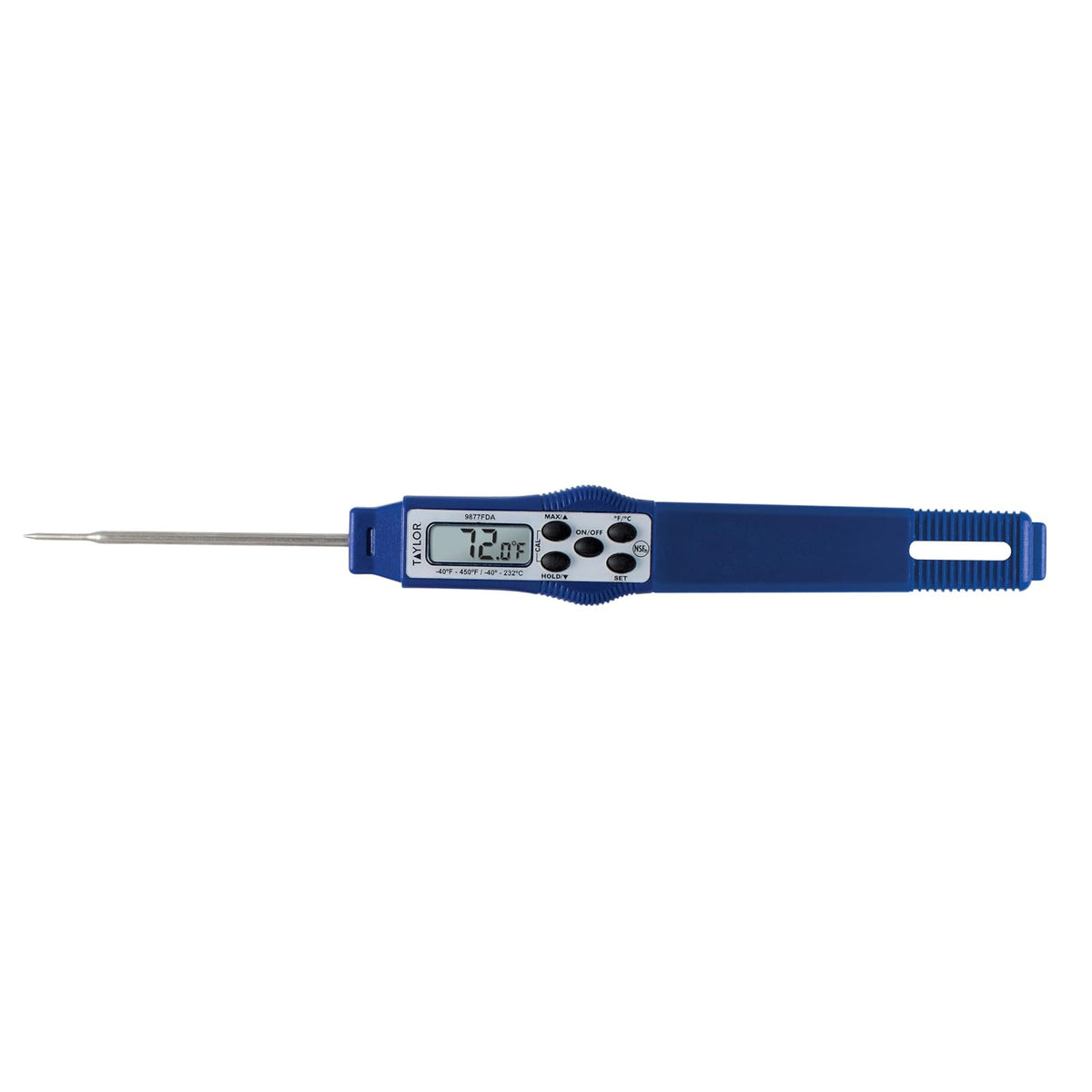Taylor 9877FDA Termómetro digital compacto impermeable para alimentos, longitud del tallo de 2.81 pulgadas con sonda de 1.5 mm recomendada por la FDA, certificado NSF, azul