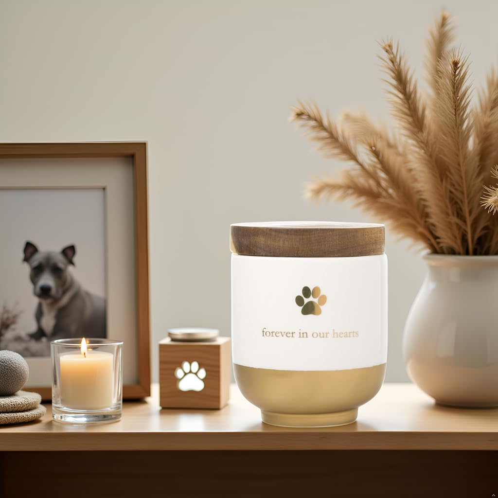 Pearhead Pet Ceramic Forever in Our Hearts Urna, Memorial para Mascotas, Dorado