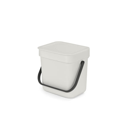 Brabantia Sort & Go - cubeta de basura para alimentos (0.8 gal/gris claro) pequeño para encimera de cocina con mango y tapa extraíble, fácil de limpiar