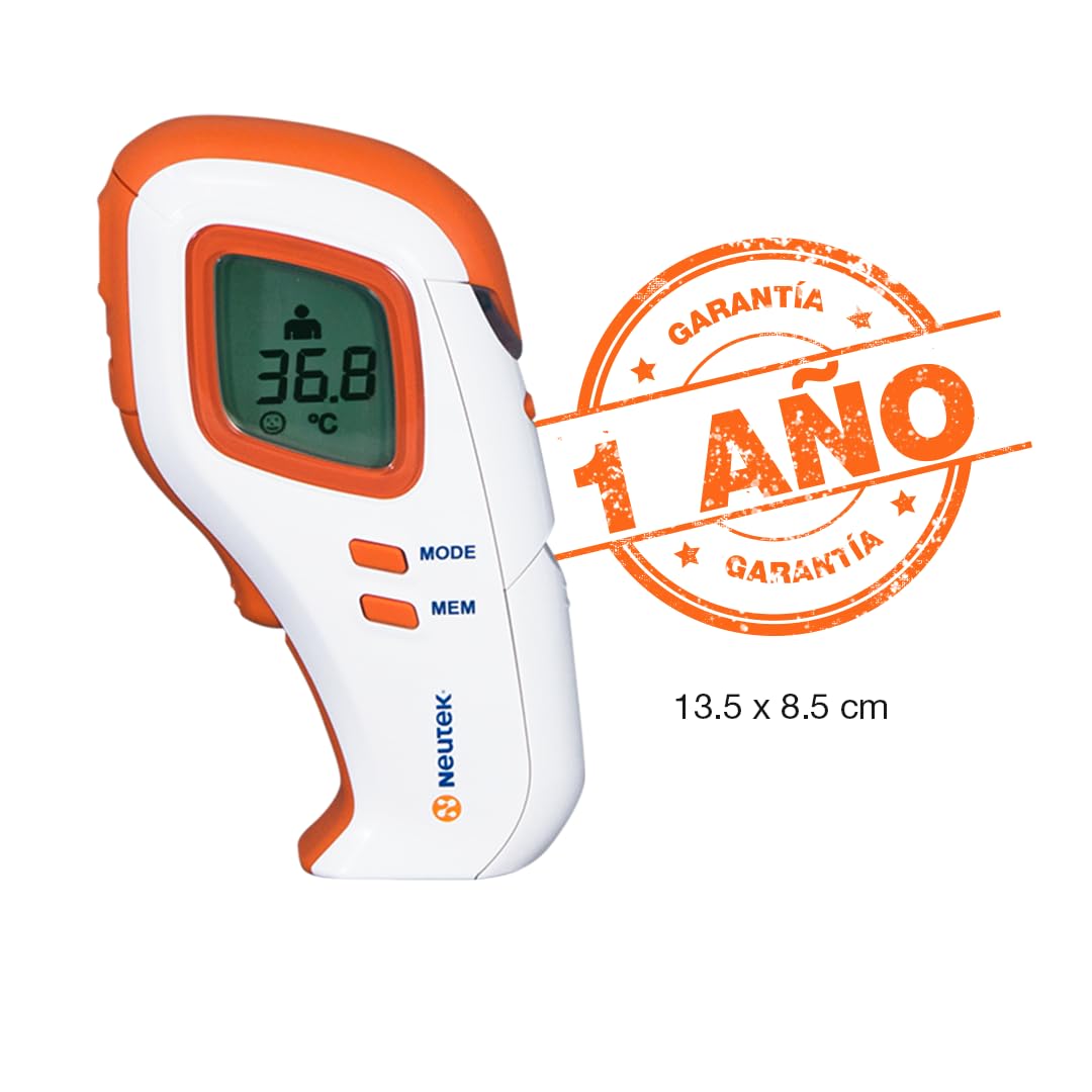 Termómetro Infrarrojo Sin Contacto Neutek NT-1 | Medición Rápida en Frente y Objetos | Indicador de Fiebre | 10 Memorias | Ligero y Portátil | Alerta de Batería Baja | Blanco/Naranja