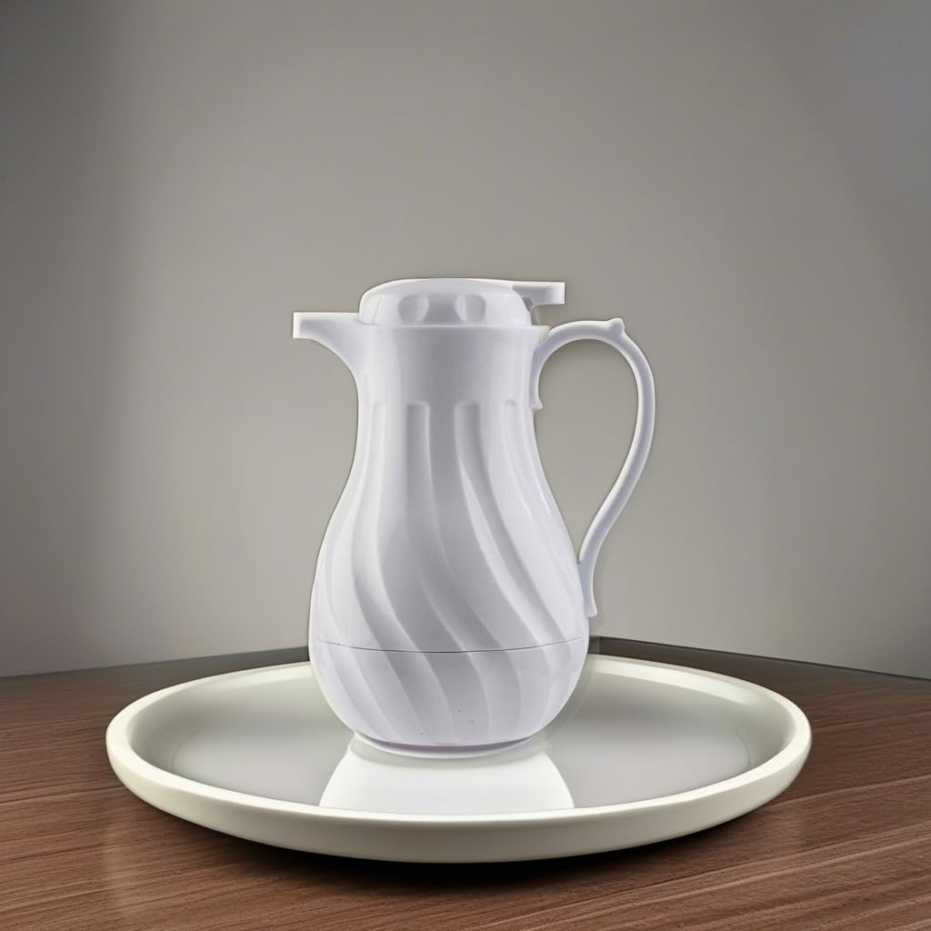 TableCraft 1001402 Cash & Carry Connoisserve - Decantador de café, 40 onzas, blanco, prensa de pulgar, diseño de remolino, aislamiento de triple pared, juego de etiquetas de color incluido, lavar a