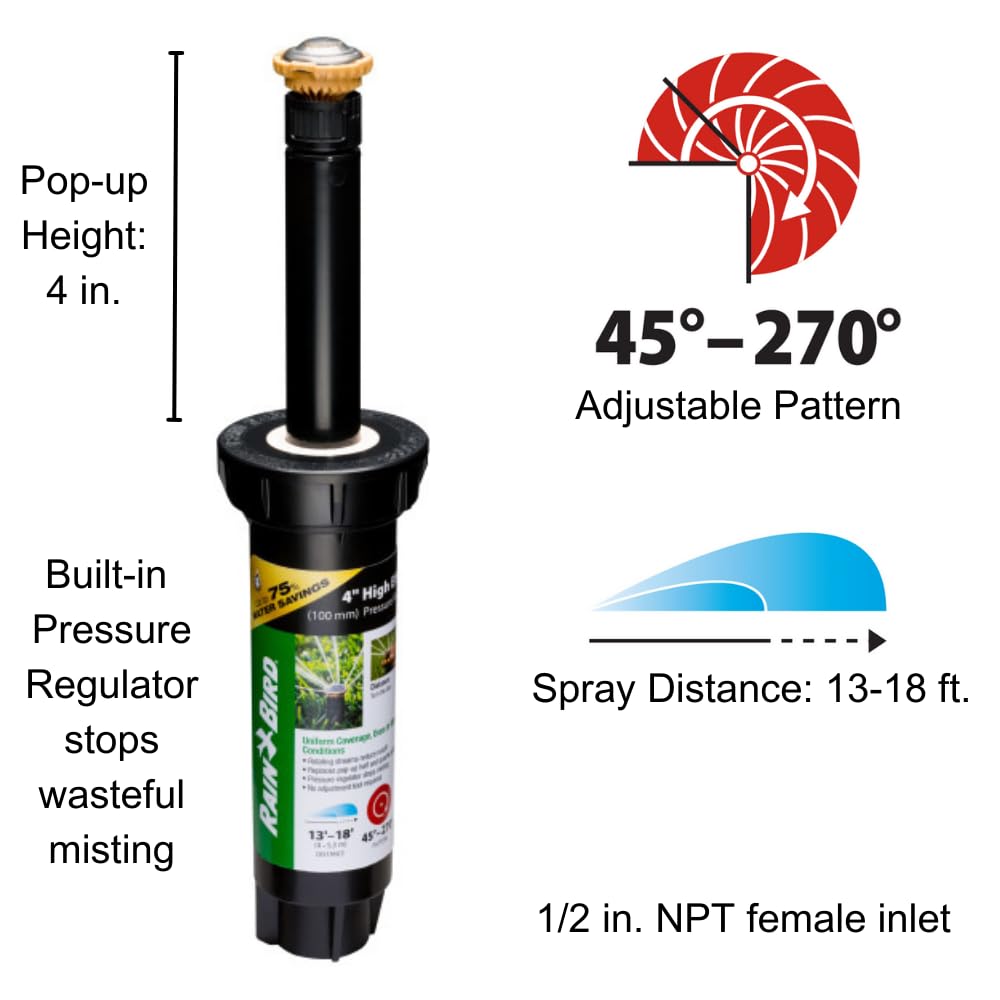 Rain Bird 12SAPROPR - Aspersor giratorio de alta eficiencia (PRS) Pro, ajustable a mano con patrón de 45° - 270°, distancia de pulverización de 13 pies - 18 pies, altura desplegable de 4 pulgadas