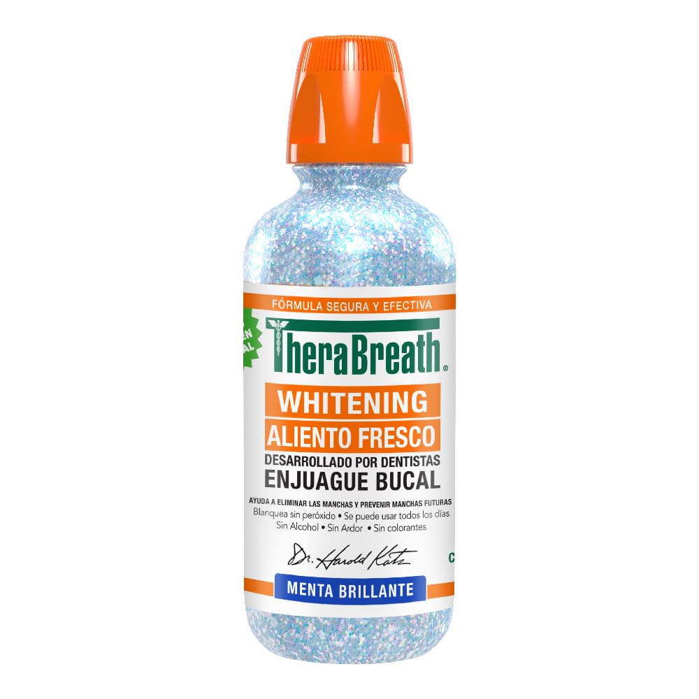 TheraBreath Enjuague Bucal sin Alcohol Whitening, Menta Brillante 473 ml. | Elimina y Previene Manchas en los Dientes. Aliento Fresco, Fórmula sin Peróxido, De Uso Diario. Desarrollado por Dentistas