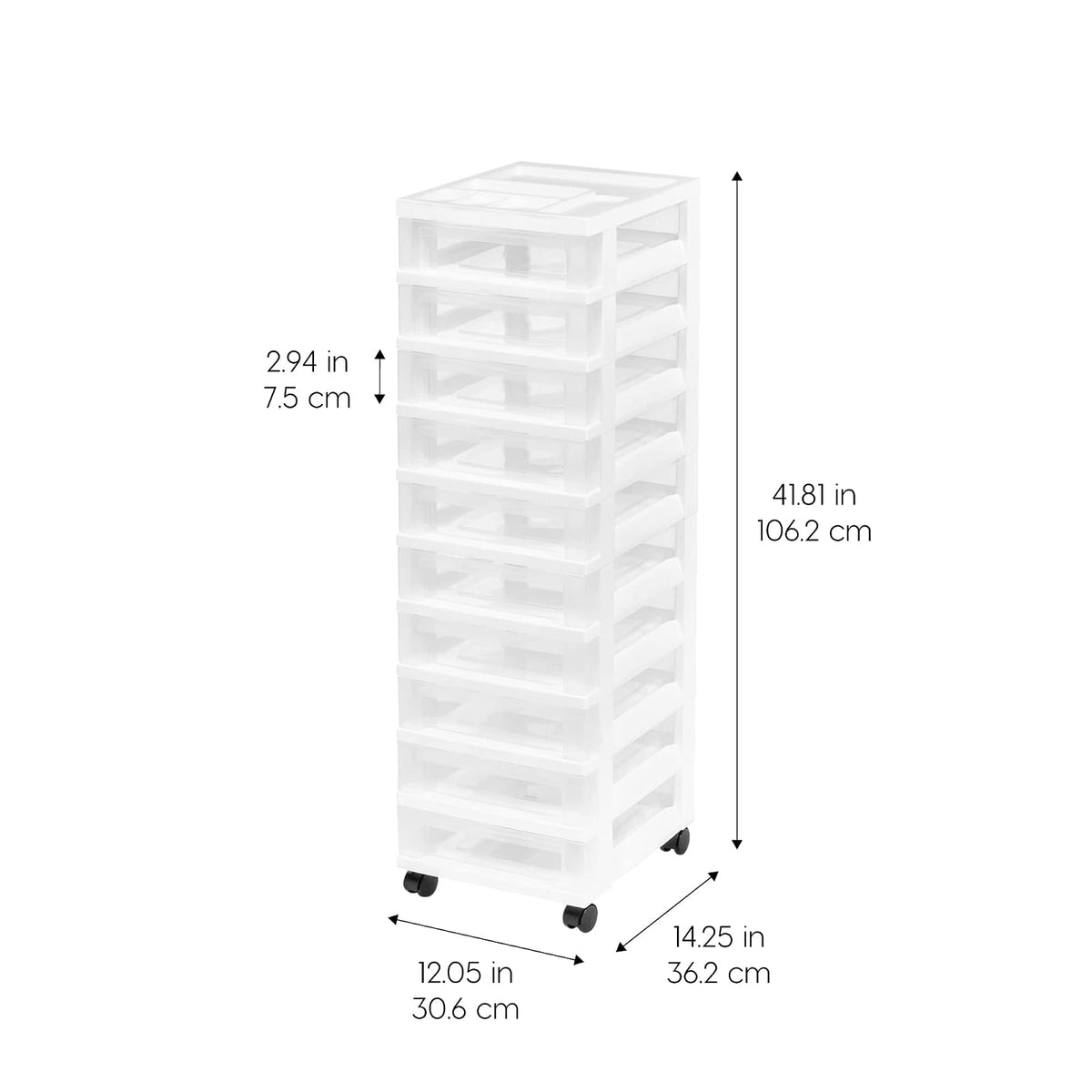 IRIS USA Carrito Organizador de 10 Cajones, Blanco/Transparente | Organiza manualidades, artículos de oficina, salón y accesorios con cajones de fácil acceso para uso diario