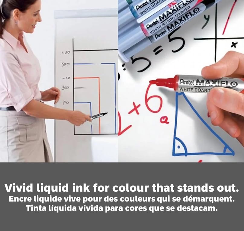 Marcador Pentel MaxiFlo para Pizarrón Blanco Tecnología Tinta Continua Caja con 12 Piezas Color Rojo-MWL6-B