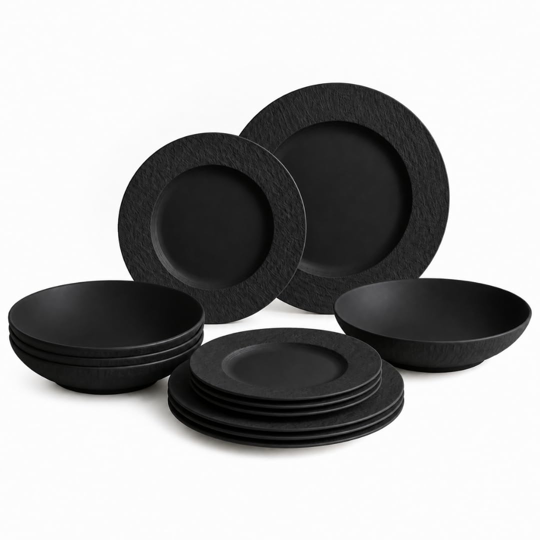 Villeroy & Boch Manufacture Rock Juego de Vajilla | 12 piezas, servicio para 4, platos de cena, platos de ensalada, cuencos de pasta, porcelana, negro mate, hecho en Alemania