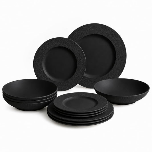 Villeroy & Boch Manufacture Rock Juego de Vajilla | 12 piezas, servicio para 4, platos de cena, platos de ensalada, cuencos de pasta, porcelana, negro mate, hecho en Alemania