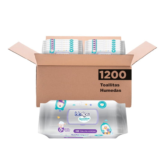 BBtips Sensitive Toallitas Húmedas, Caja con 12 paquetes x 100 piezas, 1200 toallitas