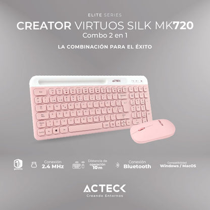 Acteck Virtuos Silk MK720 Combo 2 en 1 Teclado y Mouse Inalámbrico, Multidispositivo, 2.4 GHz + Bluetooth, 4000 dpi, Recargable (Rosa)