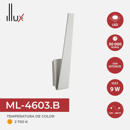 ILLUX Lámpara de pared LED, diseño moderno, aluminio, luz cálida (2700 K), ideal en salas, recepciones, Illux – ML-4603.B, Blanco