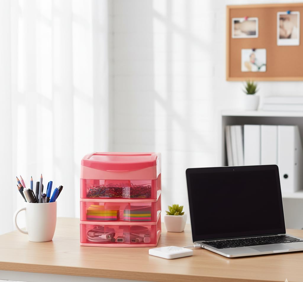 Italhome Cajonera de Plástico Sesia Salmon, Mini Organizador de Escritorio Multiusos con 3 Cajones Transparentes