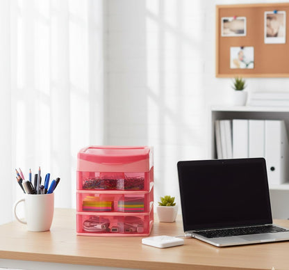 Italhome Cajonera de Plástico Sesia Salmon, Mini Organizador de Escritorio Multiusos con 3 Cajones Transparentes