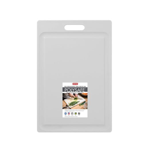 Dexas Tabla de cortar Polysafe certificada por NSF, 12 x 18 pulgadas, tabla de cortar reversible de cocina con mango y jugo bien, color blanco