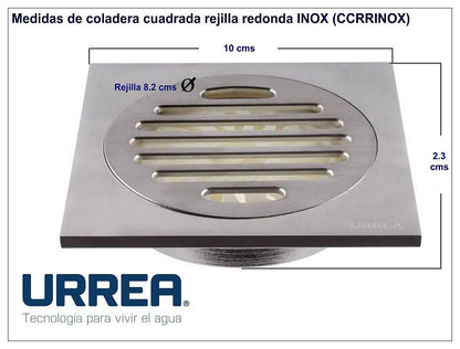 URREA CCRRINOX Coladera Cuadrada INOX, Rejilla Redonda INOX, Coladera con Rejilla, Latón
