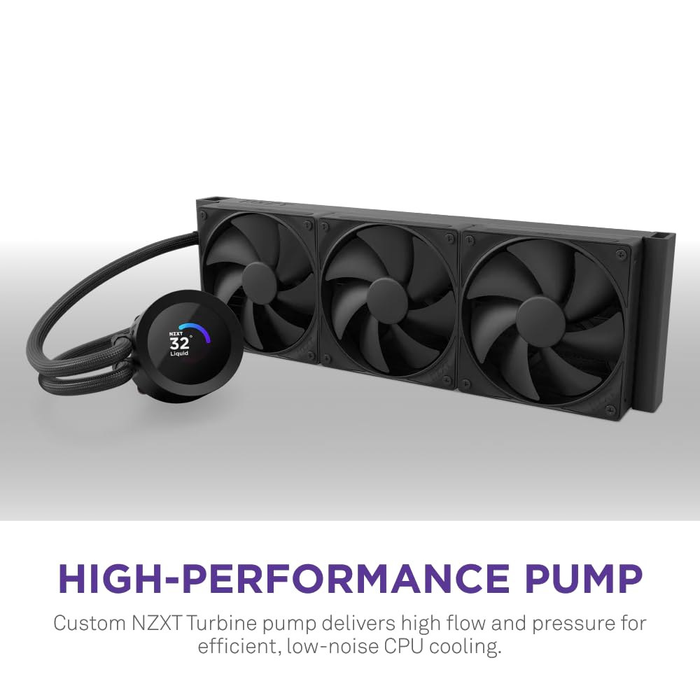 NZXT Kraken Plus 360 – AIO CPU Liquid Cooler – 360mm Radiator – 3 x F120P Fans – Customizable 1.54" Square LCD – AMD® AM5, AM4 – Intel® LGA 1851/1700, 1200/115X – Black