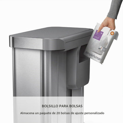 simplehuman Cubo Rectangular Doble con Pedal de Reciclaje, 58 litros/15.3 galones, Acero Inoxidable Cepillado con Tapa de plástico de Cierre Suave para Cocina
