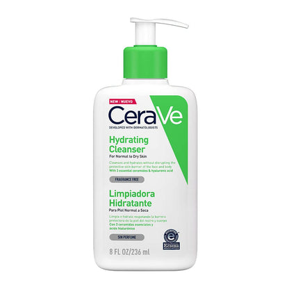 CeraVe Limpiadora Hidratante Piel Normal a Seca, con 3 Ceramidas Esenciales y Ácido Hialurónico, Libre de Fragancias y Parabenos, sin Espuma, no Comedogénica, 236 ml