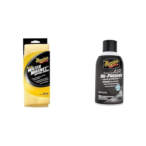 Meguiar's X2000 Toalla de Secado de Microfibra con imán de Agua, 1 Paquete, Amarillo, 22 x 30 Pulgadas + Oficial Air Re-Fresher Eliminador De Olores Black Chrome G181302 57 g