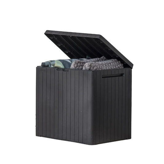 Keter City - Caja de resina de 30 galones para muebles de patio, accesorios de alberca y almacenamiento para juguetes al aire libre, color gris