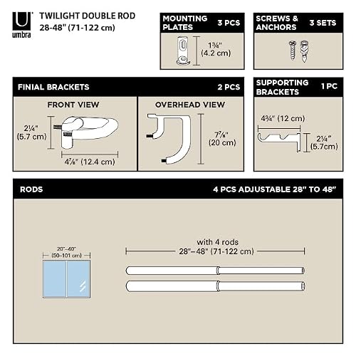 Umbra Twilight Cortinero Doble para Cortinas Blackout y Oscurecer Habitación, 71-122 cm, Incluye Accesorios de Instalación, Plateado