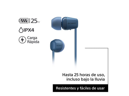 Sony WI-C100 - Audífonos inalámbricos intraauriculares con Banda para el Cuello y micrófono para Llamadas con Manos Libres, Azul, WIC100/L (Versión Nacional)
