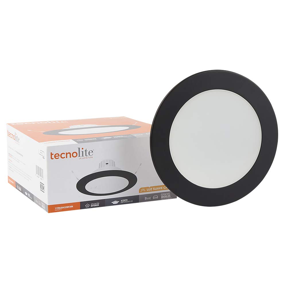 Tecnolite - Lámpara Iluminación Interior Empotrado Techo, LED Integrado, Tipo Downlight, Luz Suave Cálida, Corte de Empotramiento con Medida de 11.5 cm, Base en Color Negro