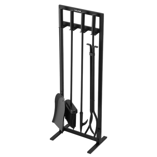 VEVOR Juego de Herramientas para Chimenea, 5 Piezas, Hierro Forjado y Acero al Carbono, con Soporte Cuadrado, Pinzas, Pala para Cenizas, Cepillo y Atizador, para Interior y Exterior, Color Negro