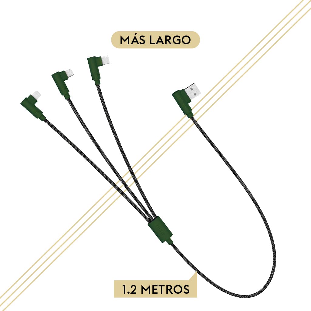 Cable Hune Sustentable 3en1 Microusb, Tipo C Y Lightning 90° (Bosque)