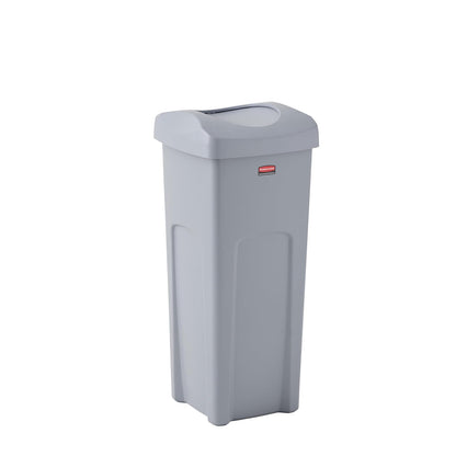 Rubbermaid Commercial Products Untouchable® – Contenedor Cuadrado con Tapa Abatible sin Contacto, Bote con Canales de Ventilación para una Fácil Extracción de Bolsas, Capacidad de 87 L, Gris 2143862