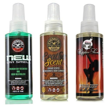 Chemical Guys Kit Ambientador Best - Aroma Automóvil Nuevo, Aroma Cuero y Aroma Firma, (Ideal para Automóviles, Camiones, Todoterrenos, Autocaravanas y Más) 3 Botellas de 118 ml