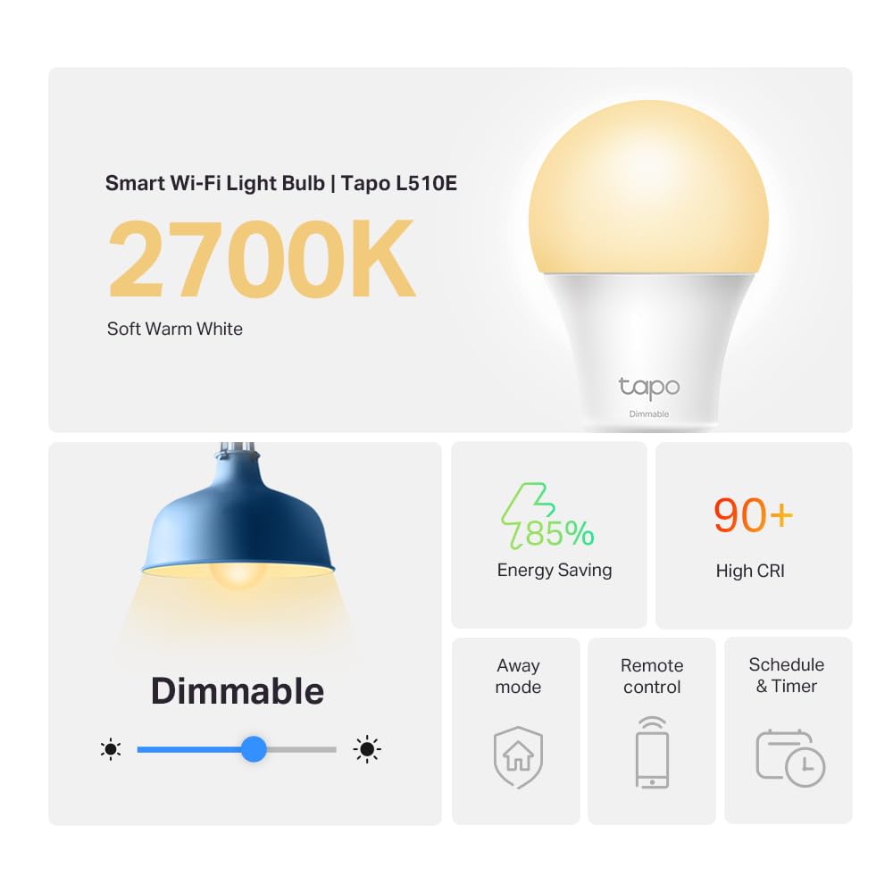 Tapo TP-Link - Bombillas inteligentes de 800 lúmenes (equivalente a 60 W), 2700 K blanco cálido suave, regulable, compatible con Alexa y Google Home, no requiere concentrador, A19 E26, L510E (paquete