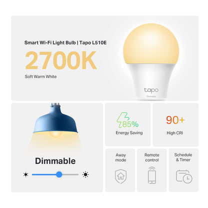 Tapo TP-Link - Bombillas inteligentes de 800 lúmenes (equivalente a 60 W), 2700 K blanco cálido suave, regulable, compatible con Alexa y Google Home, no requiere concentrador, A19 E26, L510E (paquete