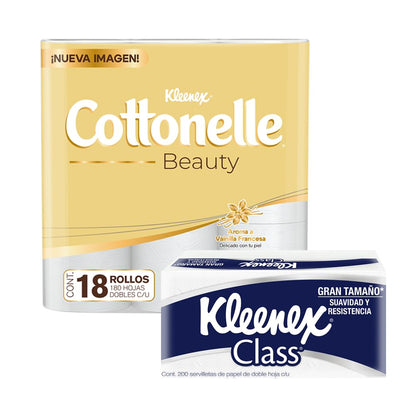 Papel Higiénico Kleenex Cottonelle Beauty 18 + Servilletas Kleenex Class