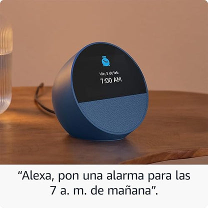 Echo Spot (modelo más reciente): ideal para mesitas de noche, oficinas y cocinas, incluye despertador inteligente con Alexa (azul), con el Acceso Anticipado de Alexa+