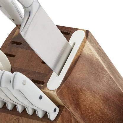 Sabatier Juego de 15 Cuchillos Forjados Edgekeeper | Con afilador integrado, acero inoxidable de alto carbono, bloque de acacia, color blanco
