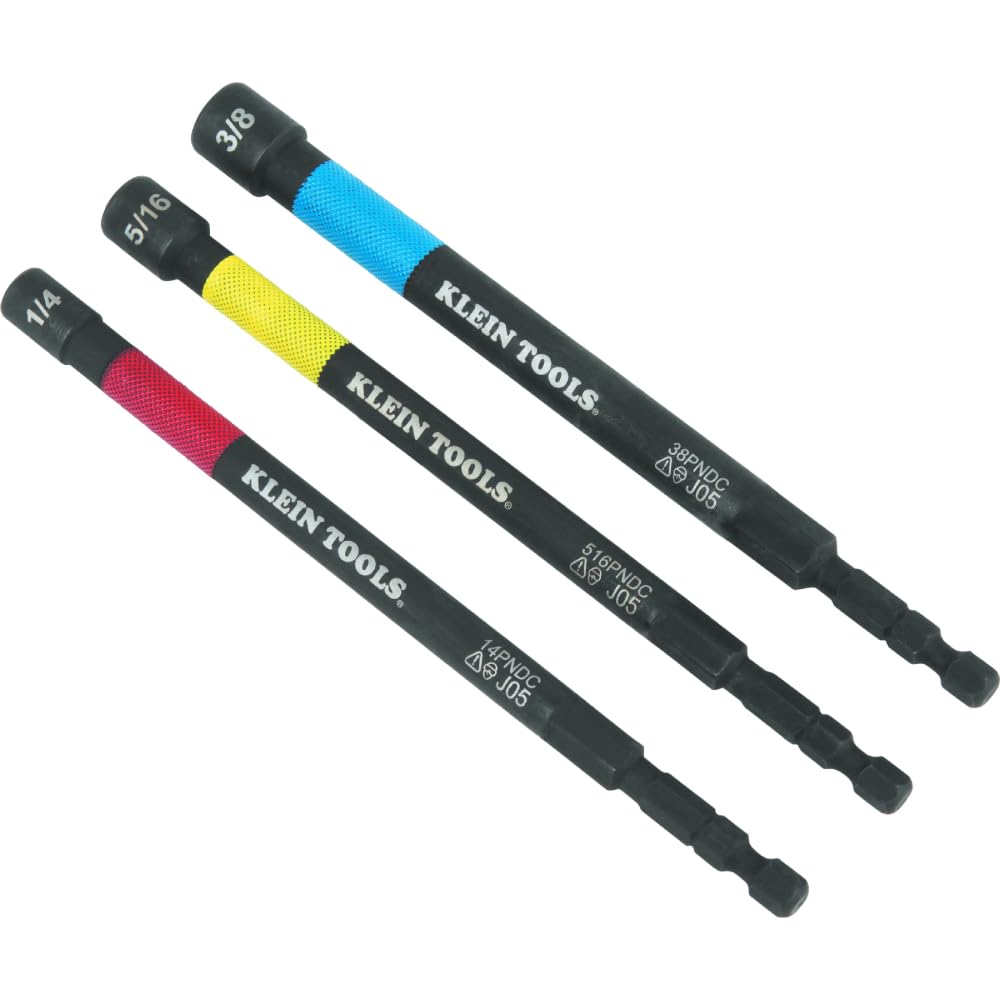 Klein Tools 65411PK3 Juego de tuercas eléctricas magnéticas codificadas por colores, unidad hexagonal de impacto de 1/4 pulgadas, eje de 5 pulgadas, alcance extendido, 3 piezas
