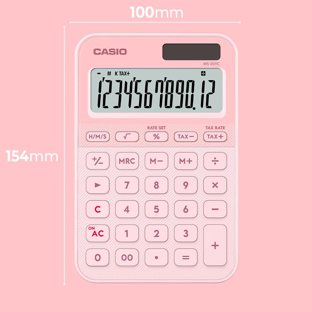 Casio Calculadora de Escritorio MS-20YC-LP, 12 Dígitos, Color Rosa, Pantalla Extra Grande, Pila y Solar