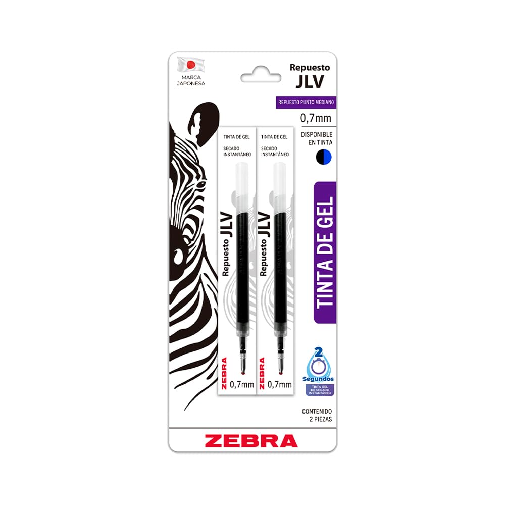 Zebra Repuesto de Tinta Gel JLV Punto Fino 0.7 mm, Blíster 2 Piezas - Negro Y Azul