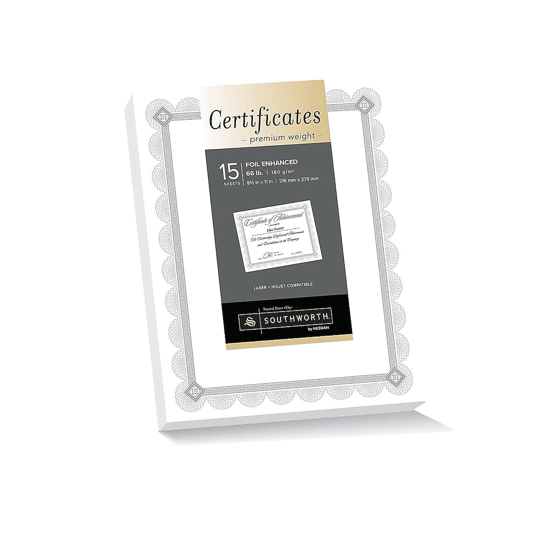 Southworth® - Certificados de lámina de alta calidad, 8 1/2 pulgadas x 11 pulgadas, 65 libras, flor de lámina blanca y plateada, paquete de 15