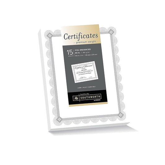 Southworth® - Certificados de lámina de alta calidad, 8 1/2 pulgadas x 11 pulgadas, 65 libras, flor de lámina blanca y plateada, paquete de 15
