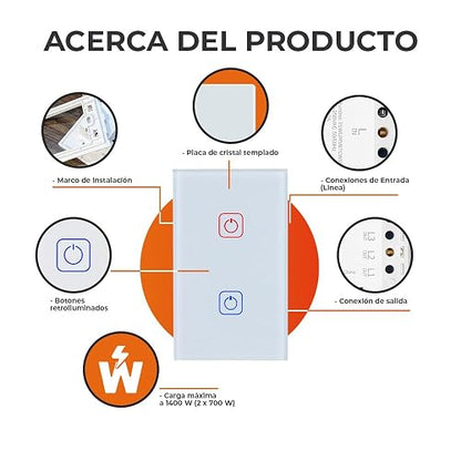 Tecnolite Connect - Apagador Inteligente Táctil WiFi 2 Circuitos, Sin Cable Neutro, Compatible con App móvil, Alexa, Google y Siri, Interruptor Inteligente