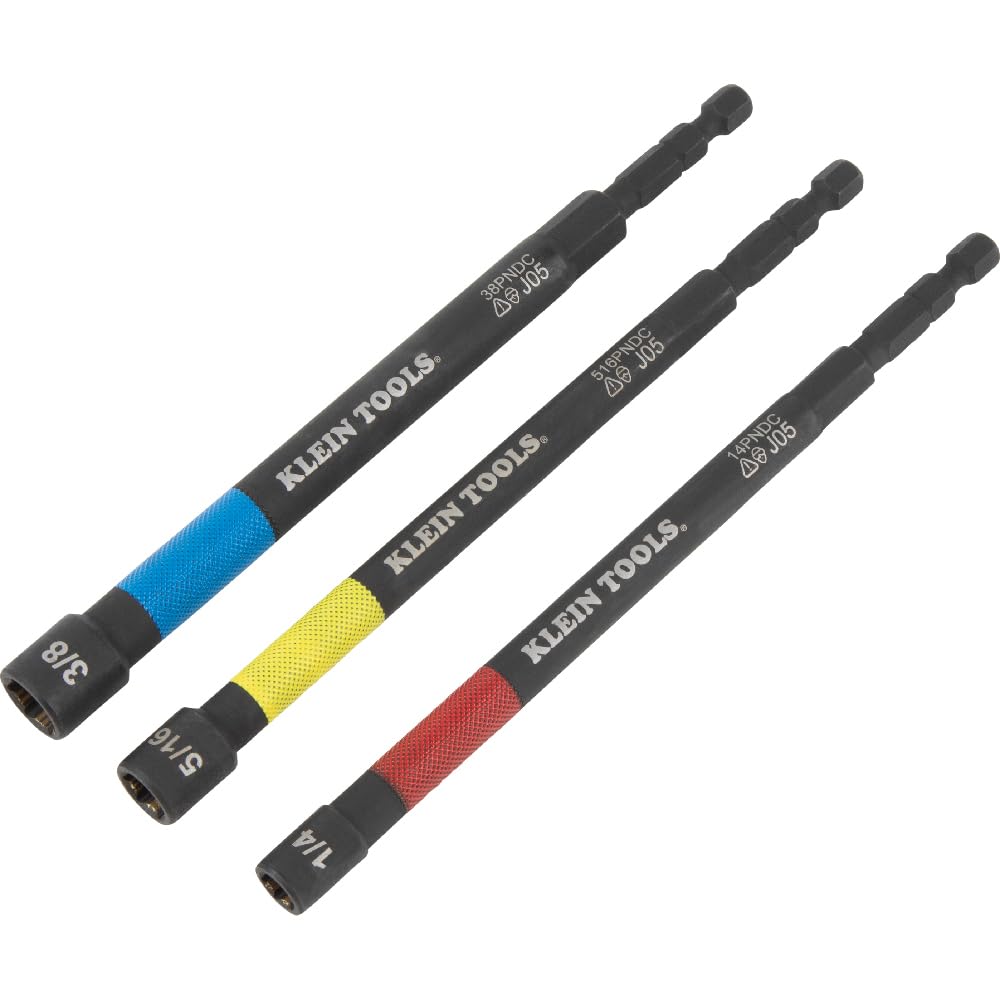 Klein Tools 65411PK3 Juego de tuercas eléctricas magnéticas codificadas por colores, unidad hexagonal de impacto de 1/4 pulgadas, eje de 5 pulgadas, alcance extendido, 3 piezas