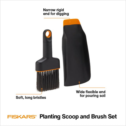 Fiskars - Juego de Cuchara y Cepillo para Polvo para Plantar Piso Herramienta de jardín para jardinería en Interiores, Control de desorden para trasplantar y reposicionar, Fabricado con plástico