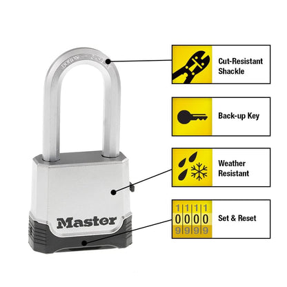 Master Lock M176XDLH Candado de Combinación Resistente a la Intemperie | Establece tu propio candado de combinación de 4 dígitos con cuerpo de zinc de 2 pulgadas de ancho, grillete extendido de