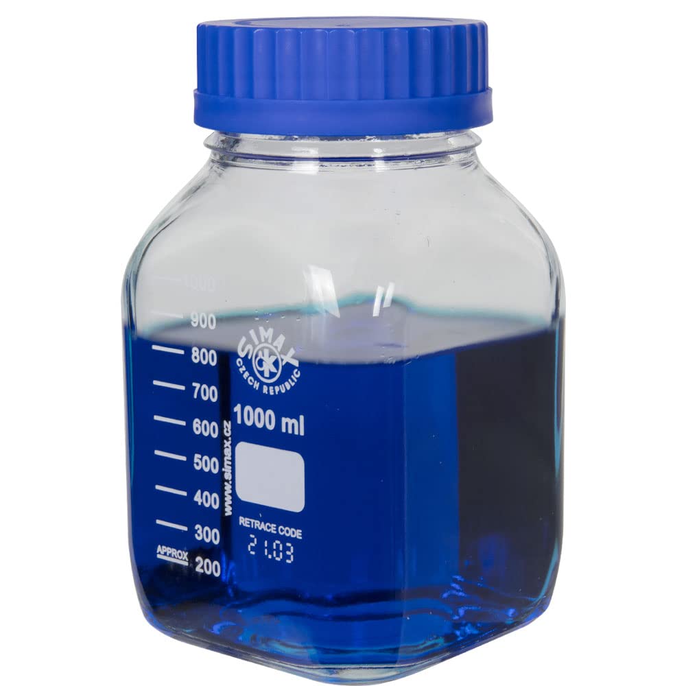 United Scientific™ SIMAX BSWM1000 GL80 - Botellas de almacenamiento de boca ancha, cuadrado, vidrio de borosilicato 3.3, 1000 ml (1 l), 1 cada una